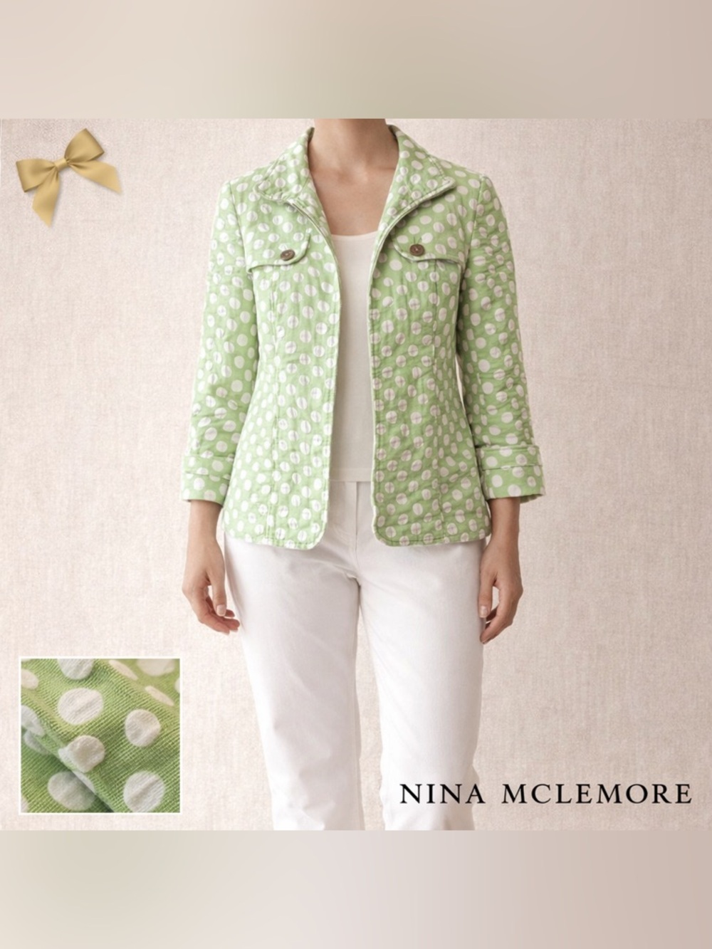 Nina McLemore Polka Dot Jacket Green White Textured Blazer Size 10